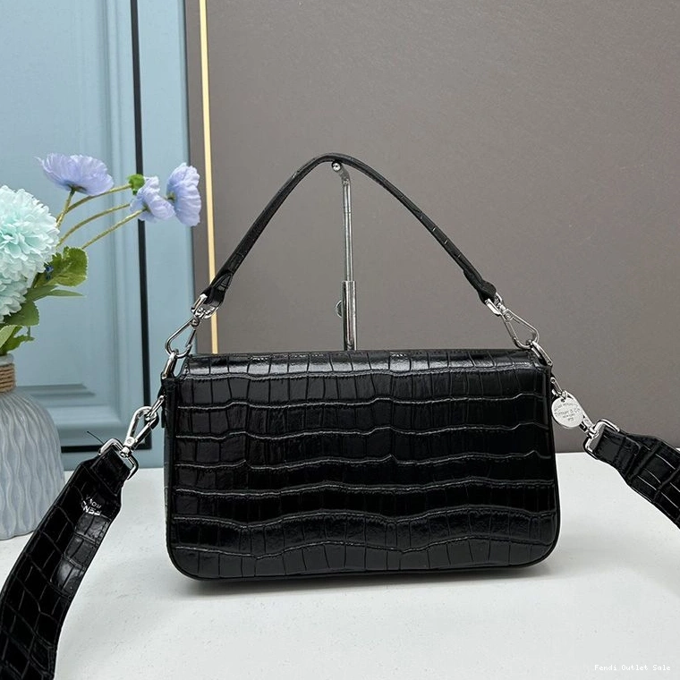 Cheap Medium Crocodile Leather Baguette In Black Fendi Re-Edition Bag 0818